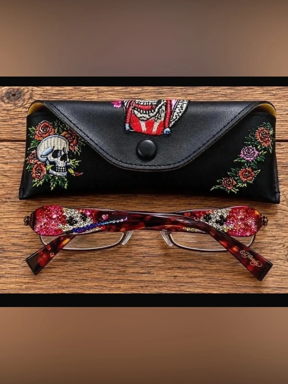 Ed Hardy Tortoiseshell Glasses with Embroidered Black Skull Case